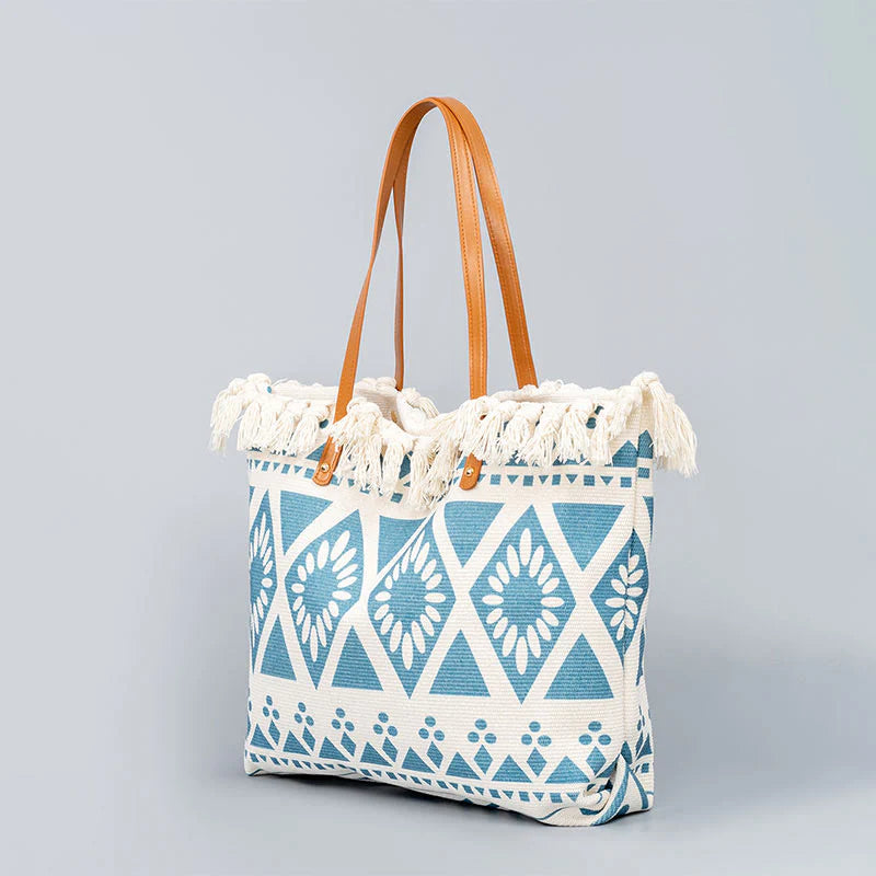 Buddha Stones Large Capacity Boho Geometry Print Tassel Canvas Tote Shoulder Bag