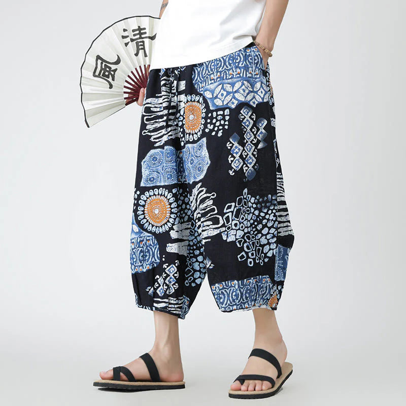 Buddha Stones Summer Square Patchwork Elephant Mandala Geometry Cotton Linen Men's 7-8 Length Pants With Pockets
