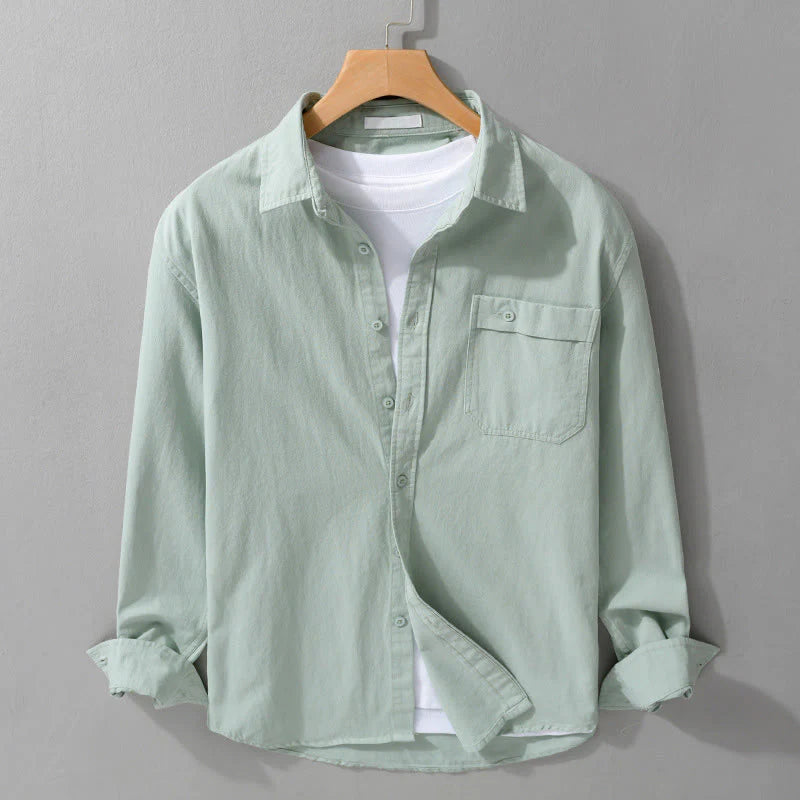 Buddha Stones Casual Solid Buttons Down Decorative Pocket Men's Stand Collar Long Sleeve Cotton Shirt