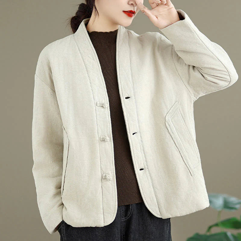 Buddha Stones Winter V-Neck Jacquard Frog-Button Cotton Long Sleeve Women's Thermal Jacket With Pockets