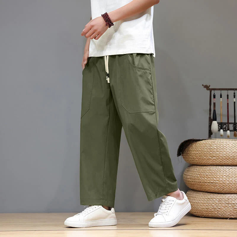 Buddha Stones Summer Solid Color Drawstring Straight Leg 7-8 Length Men's Pants With Pockets