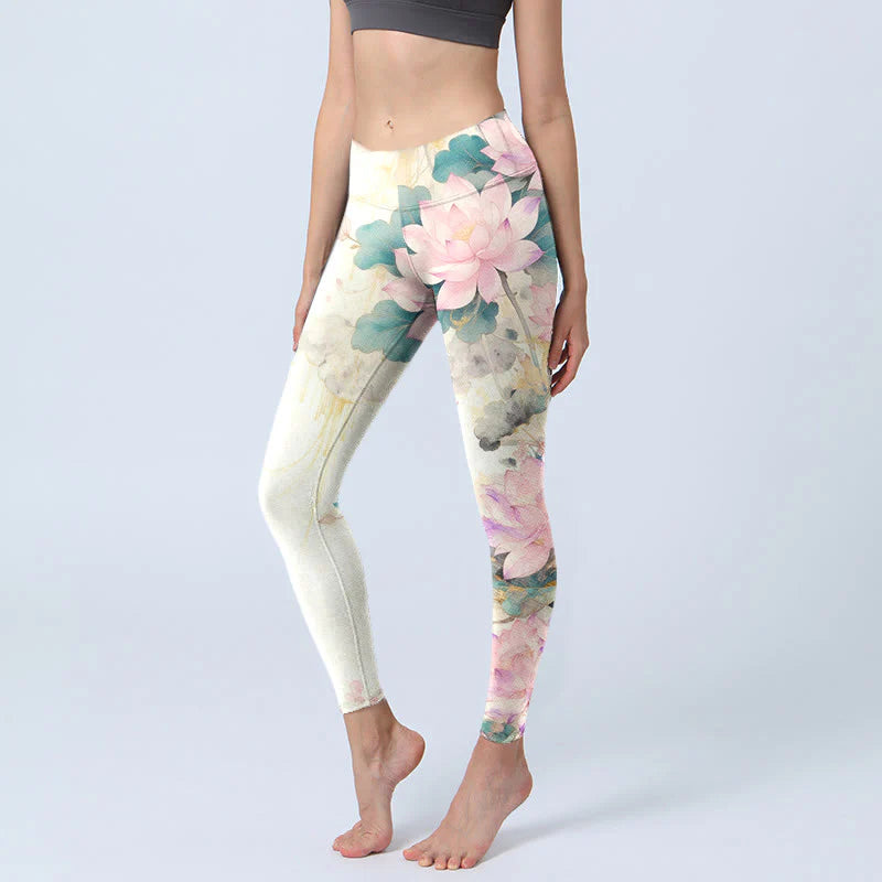 Buddha Stones Lotus Petals Leaves Pattern Print Gym Leggings Women's Yoga Pants