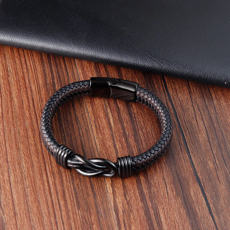 Buddha Stones Endless Knot Pattern Titanium Steel Balance Leather Buckle Bracelet