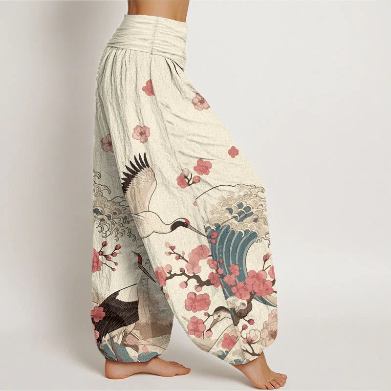 Buddha Stones Pure Cotton Cranes Peach Blossoms Ocean Women's Elastic Waist Harem Pants
