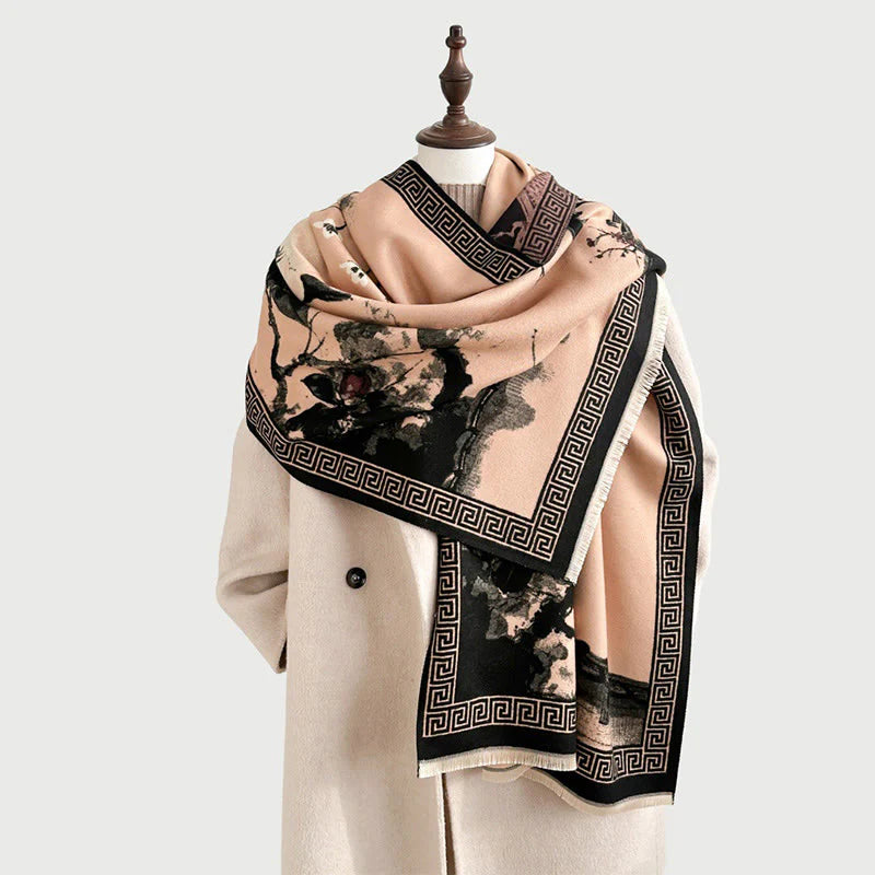 Buddha Stones Fall Plum Blossom Eaves Ink Painting Pattern Cozy Scarf Shawl
