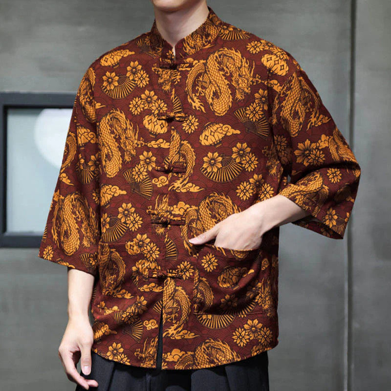 Buddha Stones Spring Frog-Button Dragon Mountain Flower Three Quarter Sleeve Tang Suit Men's Shirt With Pockets