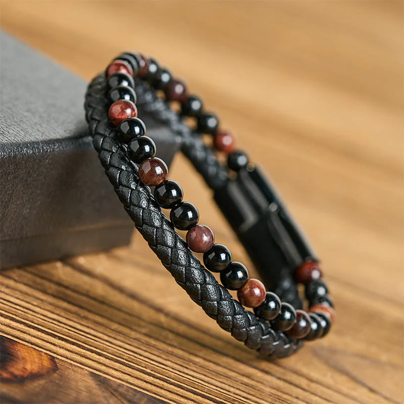 Buddha Stones Black Onyx Tiger Eye Titanium Steel Leather Protection Bracelet