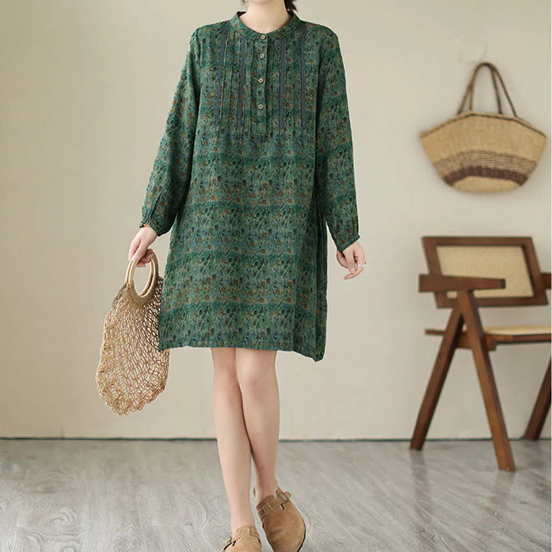 Buddha Stones Retro Printed Floral Women's Accordion Pleats Design Long Sleeve Shirt With Pockets