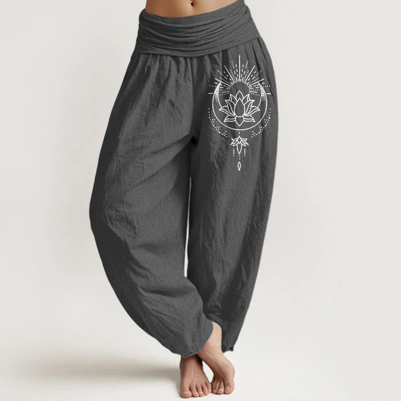 Buddha Stones Pure Cotton Concise Lotus Flower Pattern Women's Elastic Waist Harem Pants