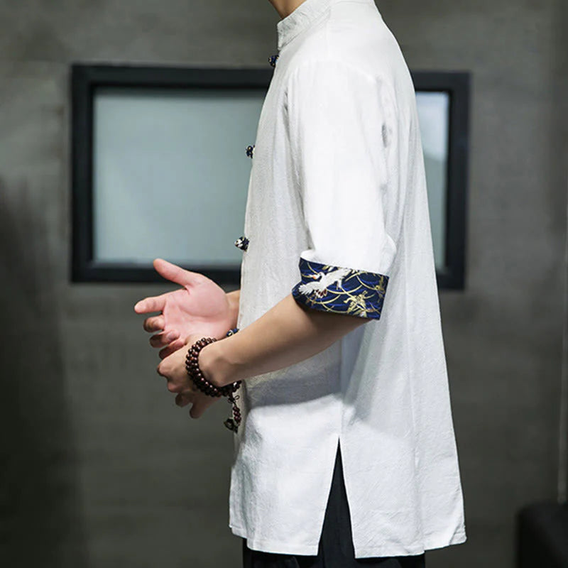 Buddha Stones Solid Color Frog-Button Stand Collar Men's Short Sleeve White Crane Cotton Shirt