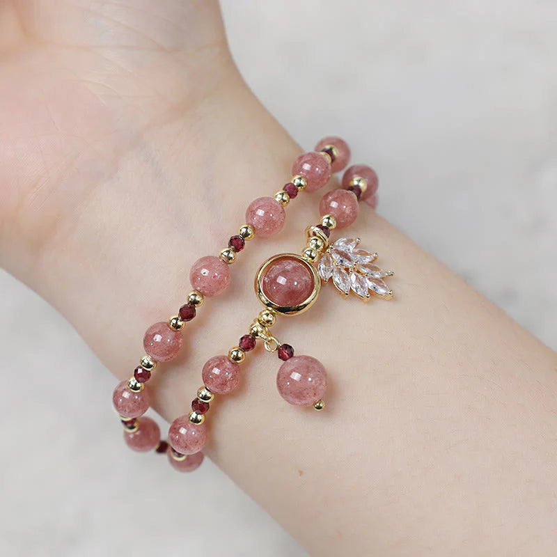 Buddha Stones Natural Strawberry Quartz Love Healing Maple Leaf Charm Double Wrap Bracelet