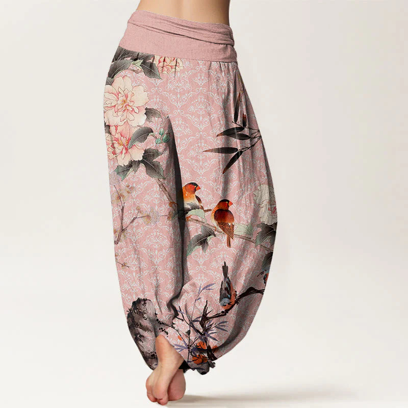 Buddha Stones Cotton Warbler Bird Blooming Flower Branches Mandala Pattern Women's Elastic Waist Harem Pants