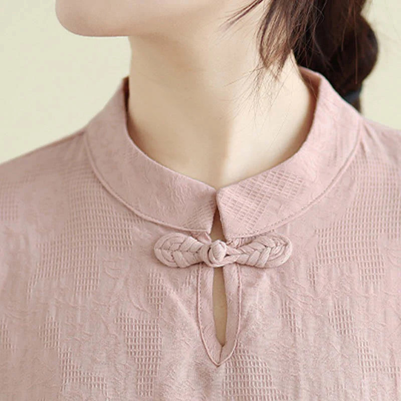 Buddha Stones Flower Embroidery Three Quarter Sleeve One Frog-Button Mandarin Collar Cotton Women's Shirt