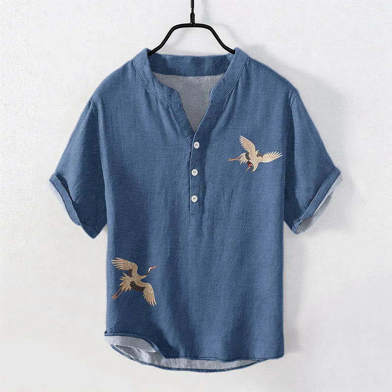 Buddha Stones Cotton Simple Crane Red Sun Pine Pattern Men's Short Sleeve Half Button Shirt