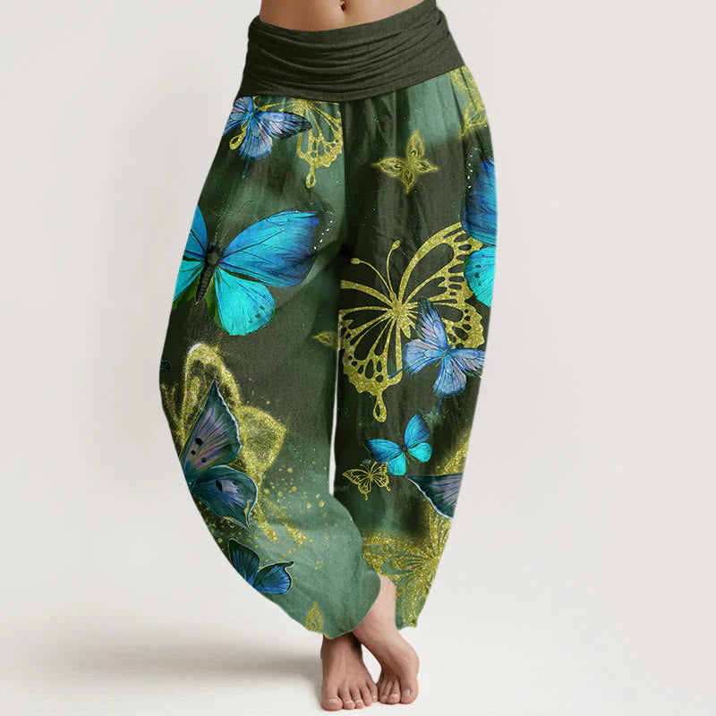 Buddha Stones Cotton Casual Butterfly Gold Pattern Women's Elastic Waist Harem Pants