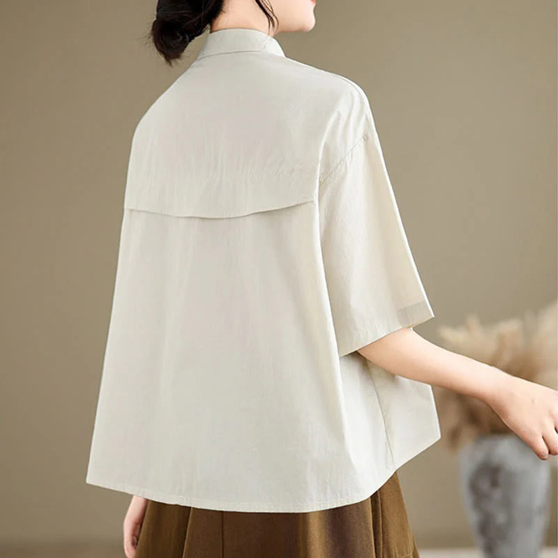 Buddha Stones Casual Women's Embroidered Jellyfish Pattern Stand Collar Buttons Design Half Sleeve Cotton Shirt