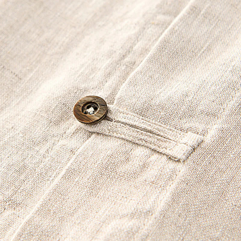 Buddha Stones Solid Color Buttons Men's Short Sleeve Linen Shirt With Pockets