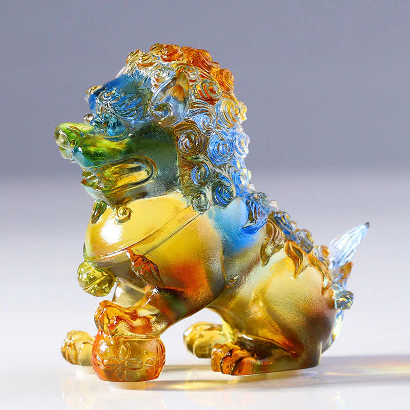 Buddha Stones Handmade Liuli Crystal Lion Art Piece Strength Home Office Decoration