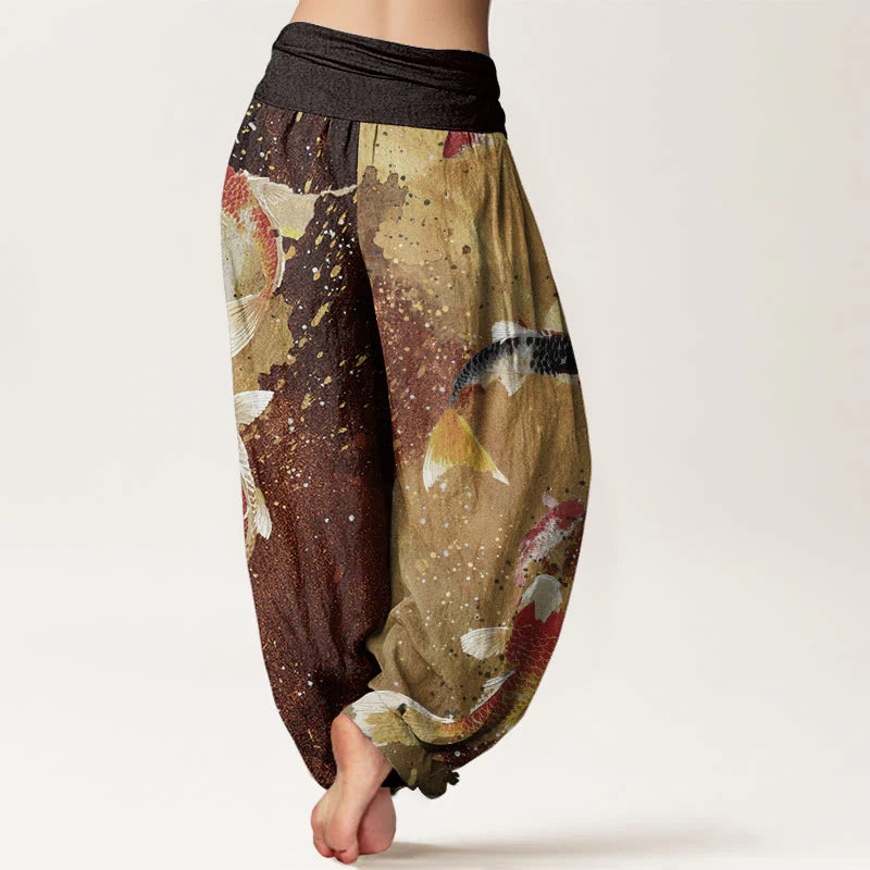 Buddha Stones Cotton Casual Koi Fish Gold Ink Background Pattern Women's Elastic Waist Harem Pants