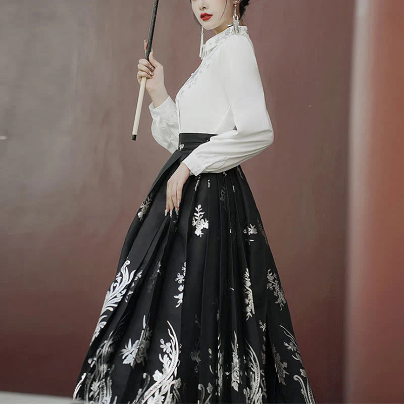 Buddha Stones Flowers Leaves Feathers Long Sleeve Shirt Top Chinese Hanfu Ming Dynasty Horse Face Skirt Mamianqun Skirt (Extra 30% Off | USE CODE: FS30)
