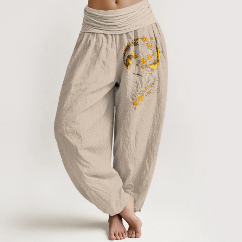 Buddha Stones Pure Cotton Brightly Colored Moon Flower Vine Pattern Women's Elastic Waist Harem Pants