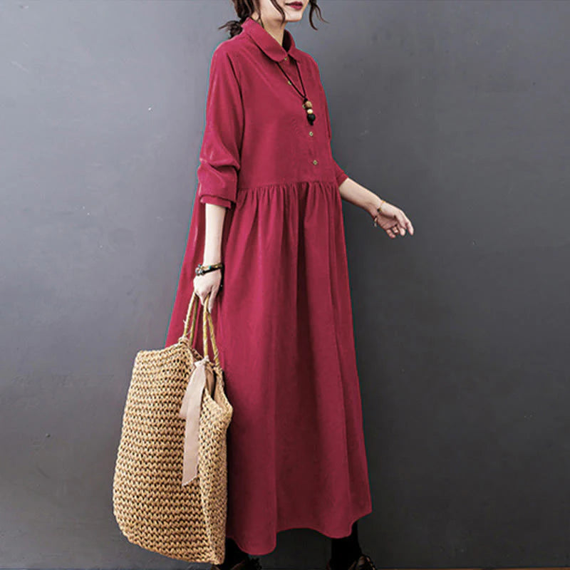 Buddha Stones Fall Buttons Design Long Sleeve Cotton Corduroy Midi Dress With Pockets