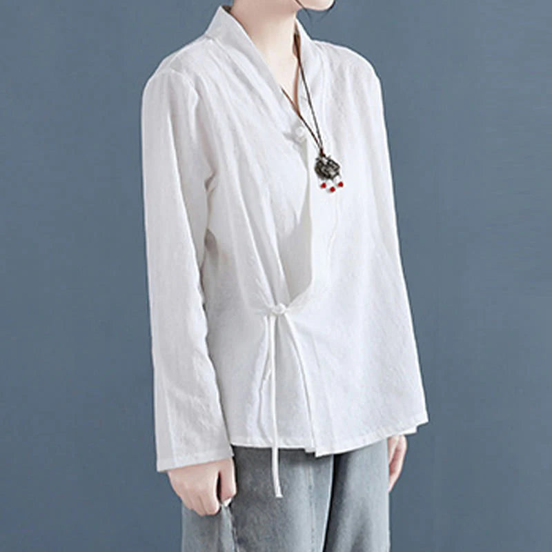 Buddha Stones Casual Solid Color Frog Button Long Sleeve Zen Cotton Linen Women's Shirt