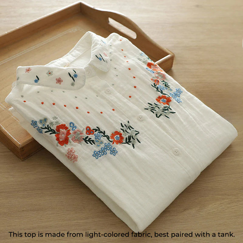 Buddha Stones Fall White Colorful Floral Embroidery Buttons Women's Cotton Long Sleeve Shirt