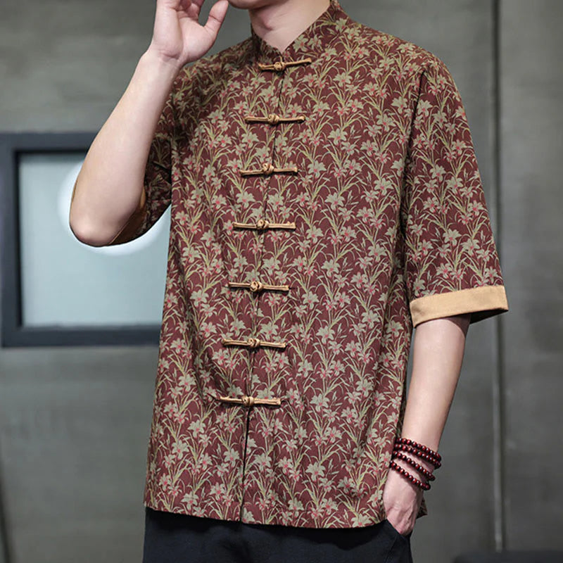 Buddha Stones Summer Colorful Floral Leaves Pattern Short Sleeve Frog-button Design Men's Cotton Shirt