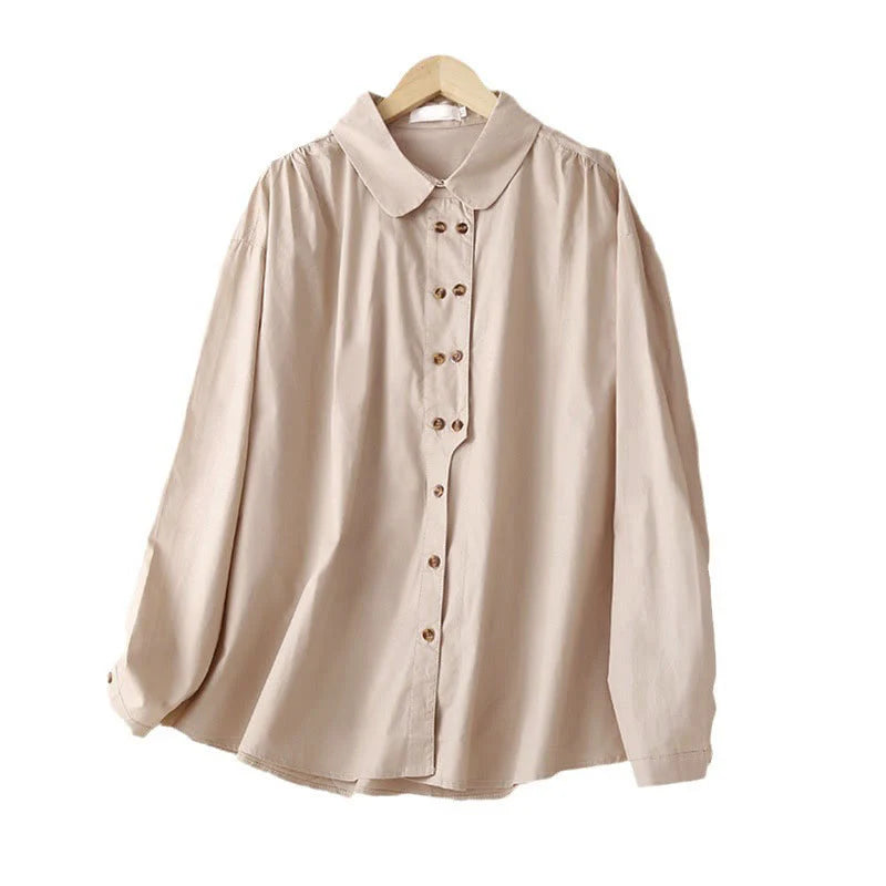 Buddha Stones Plain Double-breasted Long Sleeve Women's Cotton Lapel Shirt