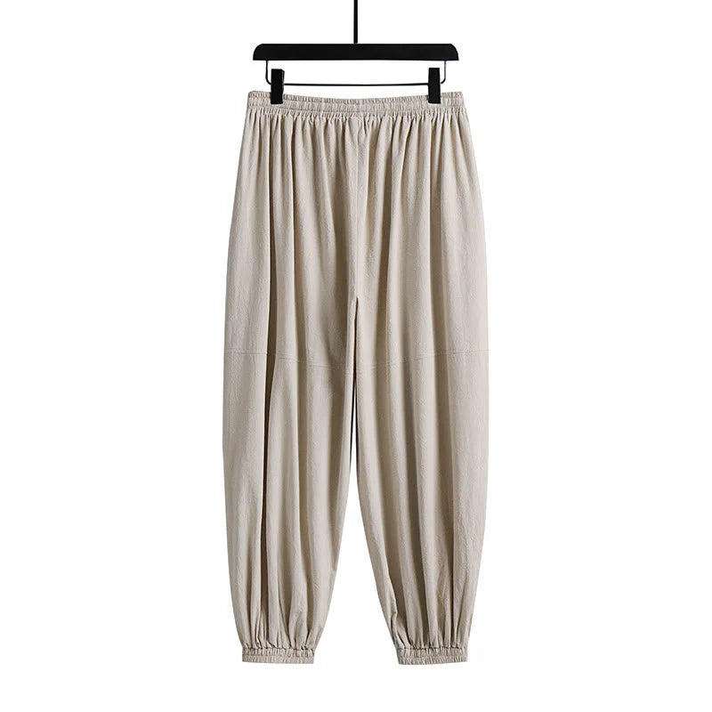 Buddha Stones Plain Drawstring Tapered Ankle-Length Men's Cotton Linen Pants With Pockets