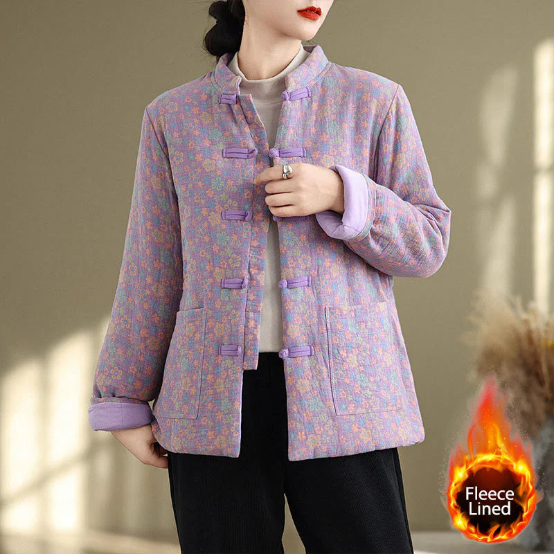 Buddha Stones Women's Winter Thicken Cotton Floral Pattern Long Sleeve Jacket With Pockets