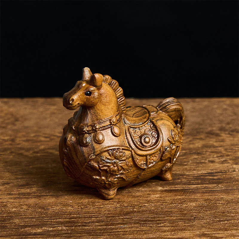 Buddha Stones Mini Year of the Horse Lotus Ebony Linden Wood Green Sandalwood Decoration 5.5*5*3.2cm