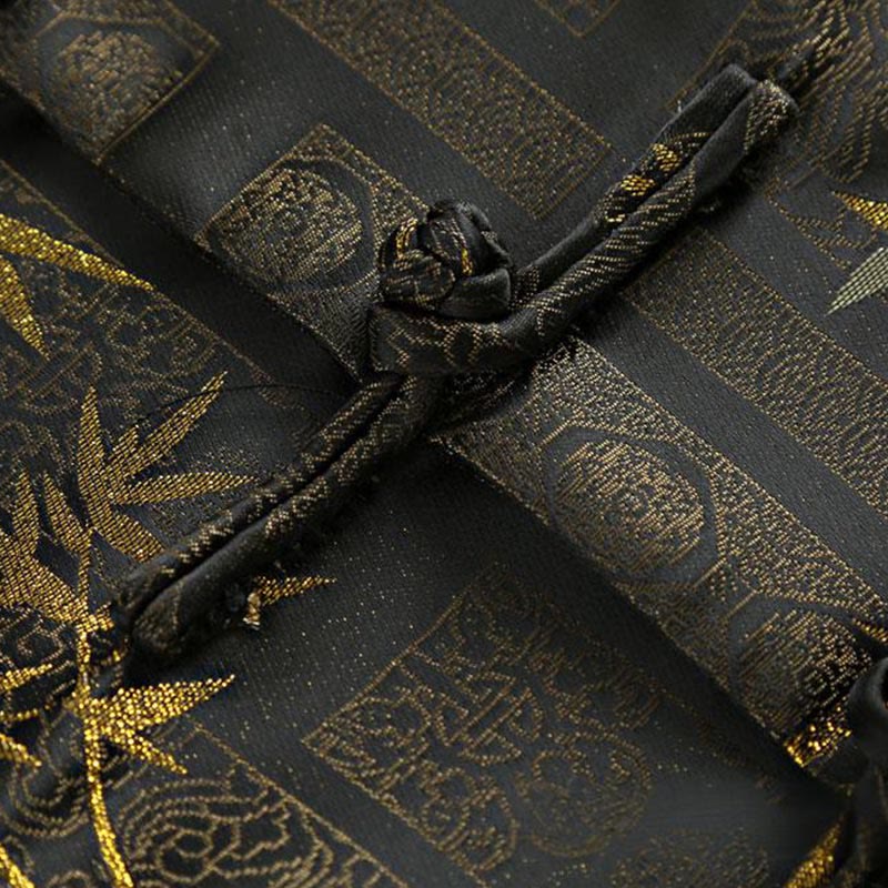 Buddha Stones Golden Bamboo Jacquard Frog-Button Long Sleeve Men's Jacket With Pockets