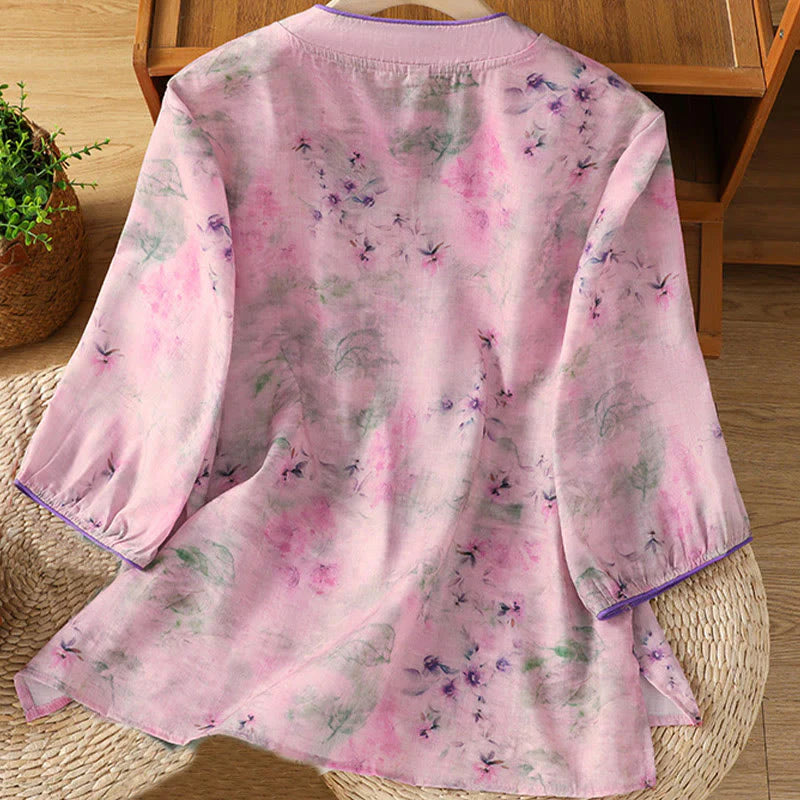 Buddha Stones Printing Floral Plain Chinese Frog-Button Women's Cotton Three Quarter Sleeve Shirt