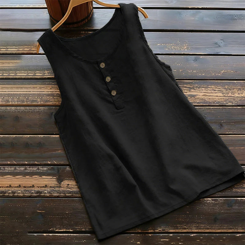Buddha Stones Summer Pure Color Crew Collar Button Women's Vest Waistcoat