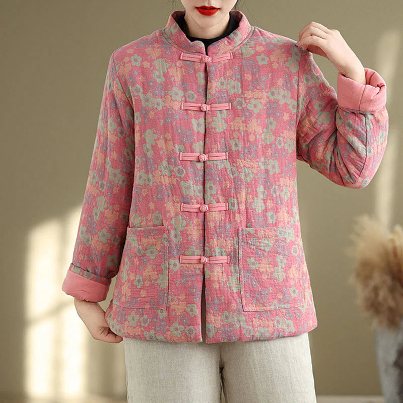 Buddha Stones Women's Winter Thicken Cotton Floral Pattern Long Sleeve Jacket With Pockets