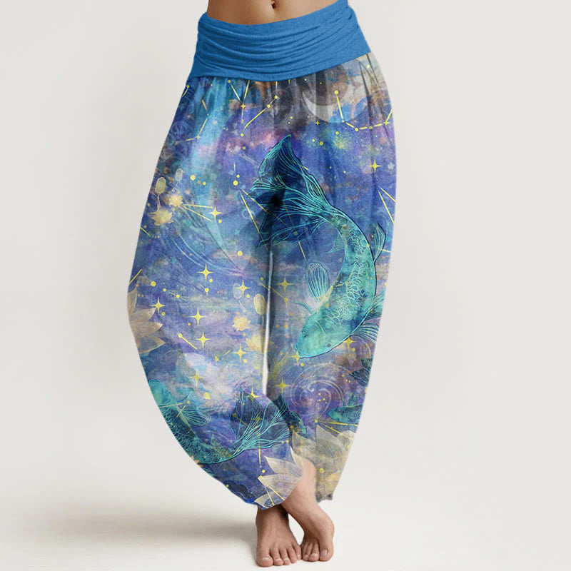 Buddha Stones Cotton Koi Fish Lotus Moon Stars Pattern Women's Elastic Waist Harem Pants