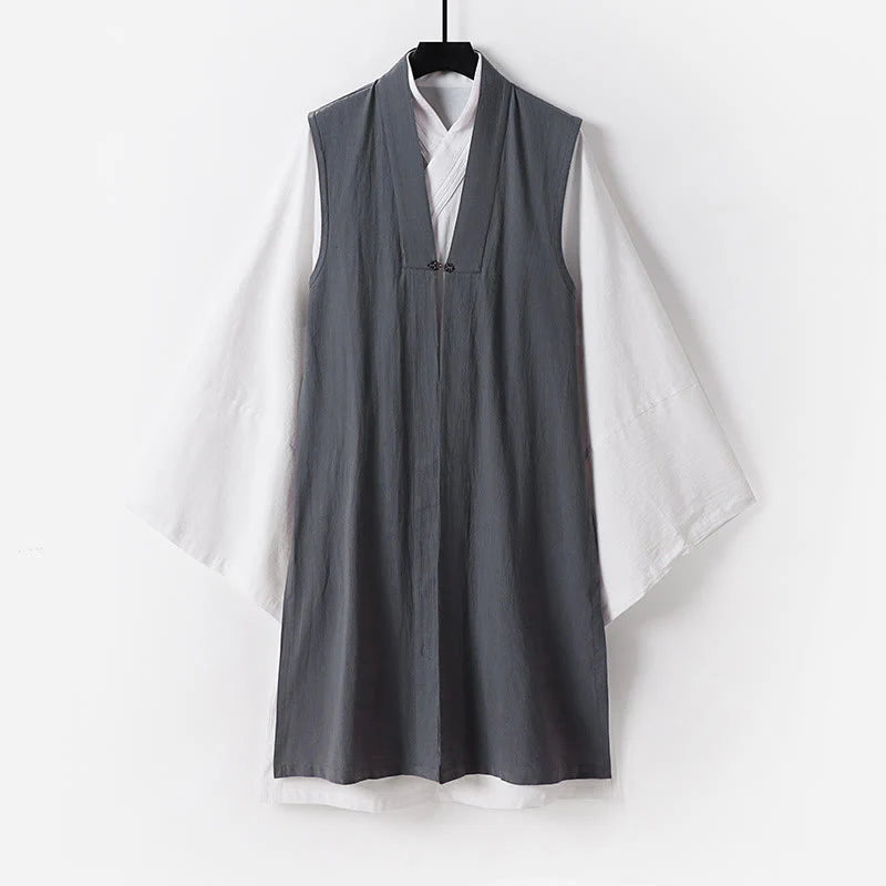 Buddha Stones 2Pcs Wudang Tai Chi Ceremony Solid Long Sleeve Men's Taoist Long Robe Kimono Sleeveless Vest Suit