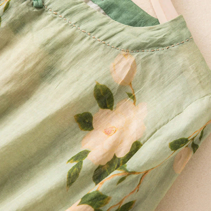 Buddha Stones Lightgreen Casual Artistic Printing Flower Pattern Chinese Frog-Button Design Women's Cotton Linen Long Sleeve Shirt Cardigan