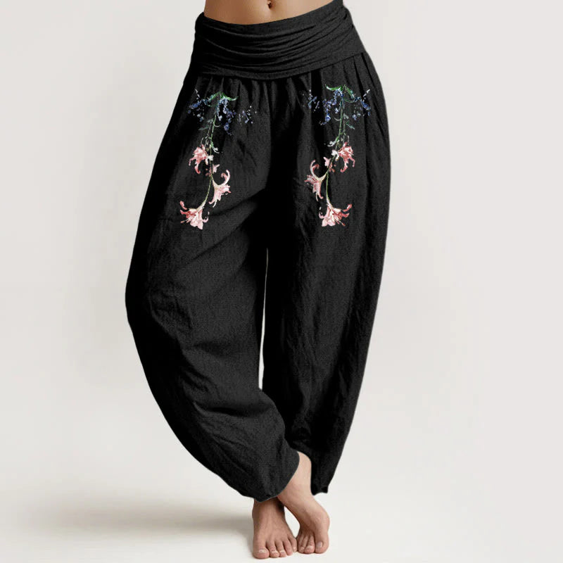 Buddha Stones Pure Cotton Simple Pastel Flower Pattern Women's Elastic Waist Harem Pants