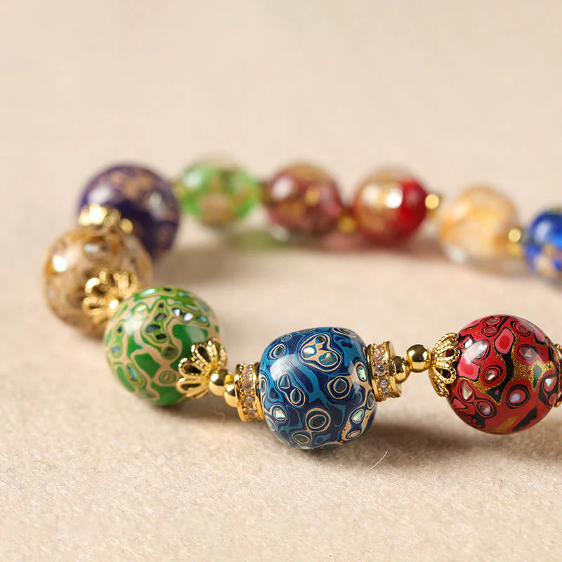 Buddha Stones Colorful Liuli Glass Sandalwood Gourd Bead Lacquer Craft Bracelet