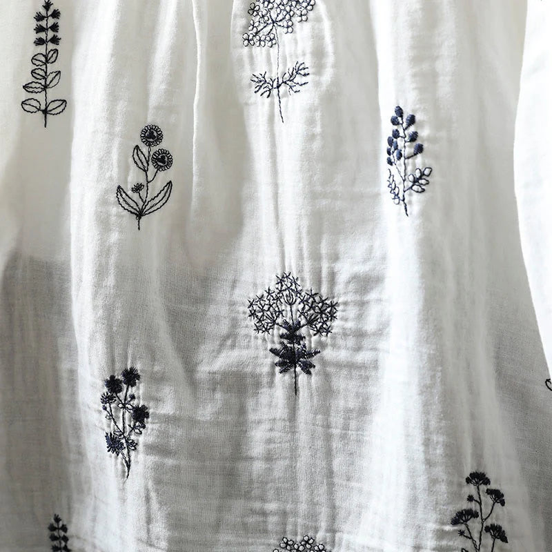 Buddha Stones Floral Embroidery Buttons Down Long Sleeve Women's Cotton Shirt