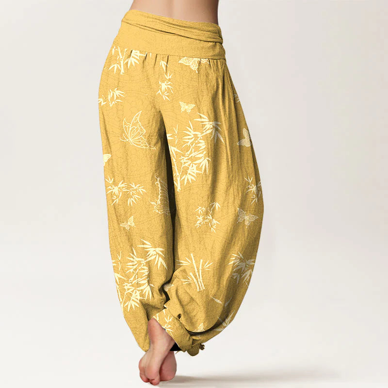 Buddha Stones Cotton Elegant Butterfly Bamboo Pattern Women's Elastic Waist Harem Pants