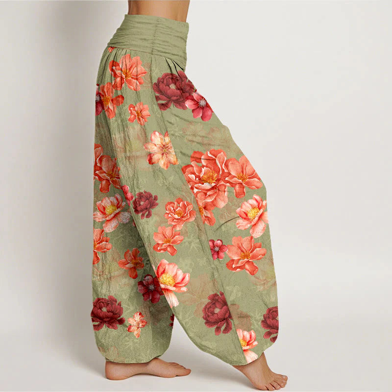 Buddha Stones Cotton Intensely Colored Flower Pattern Women's Elastic Waist Harem Pants