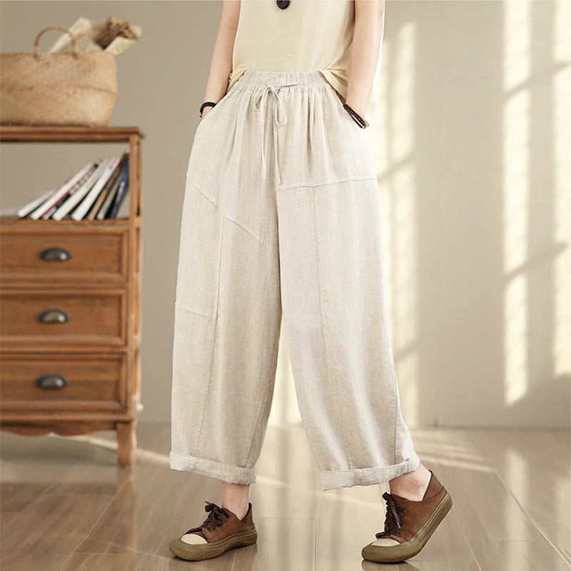 Buddha Stones Women's Fall Plain Color Drawstring Cotton Linen 7-8 Length Pants With Pockets