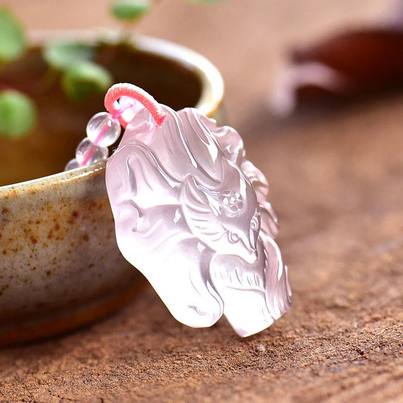Buddha Stones Natural Pink Crystal Nine Tailed Fox Love Necklace Pendant (Extra 30% Off | USE CODE: FS30)