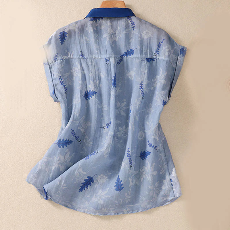 Buddha Stones Small Yellow Flower Leaves Buttons Short Sleeve Women's Shirt