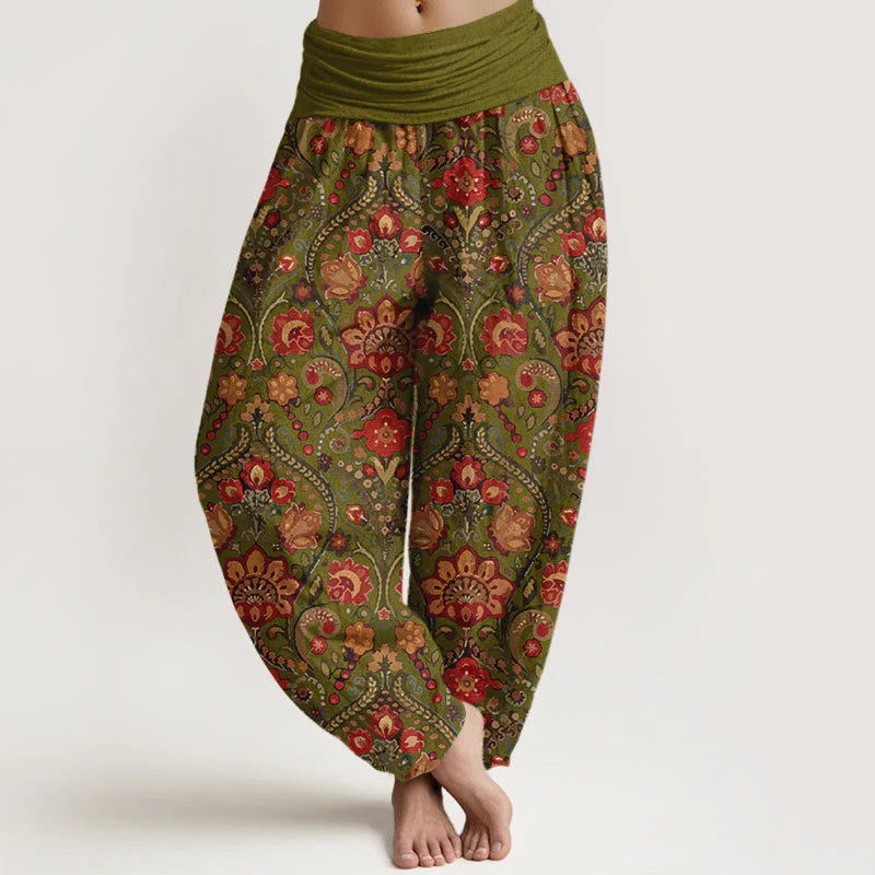 Buddha Stones Cotton Colorful Flower Leaf Scroll Pattern Women's Elastic Waist Harem Pants
