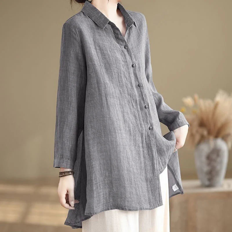 Buddha Stones Irregular Design Buttons Long Sleeve Women's Cotton Shirt